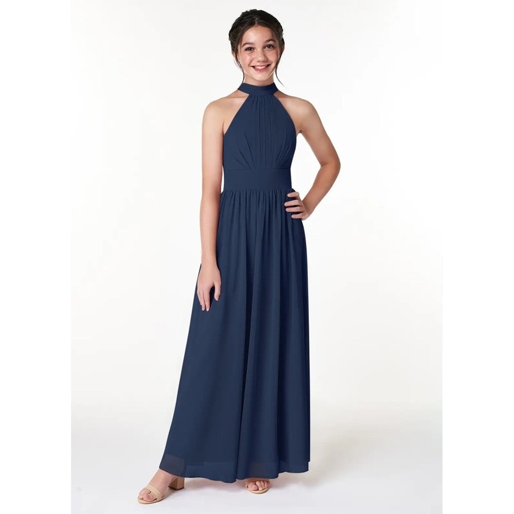 Azazie Iman Juniors Dark Navy‎ A-Line Pleated Chiffon Dress Size 14 Teens